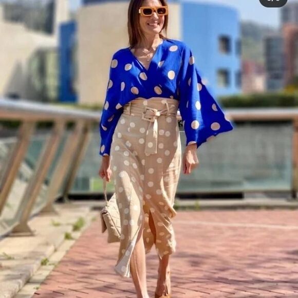 Zara Polka Dot Skirt with Belt Small New Beige Linen Blend Measurements - Picture 3 of 6